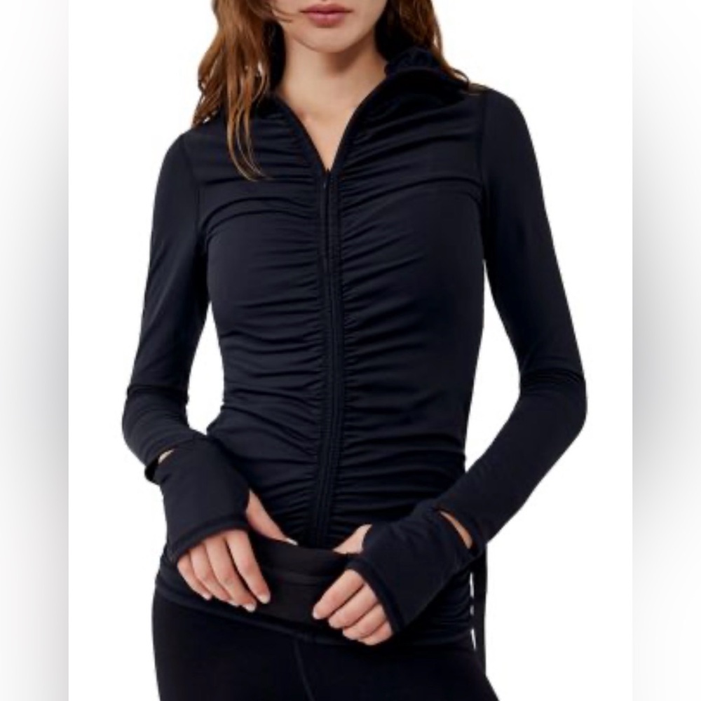 Free People Black Ruched Zip-Up Hooded Jacket